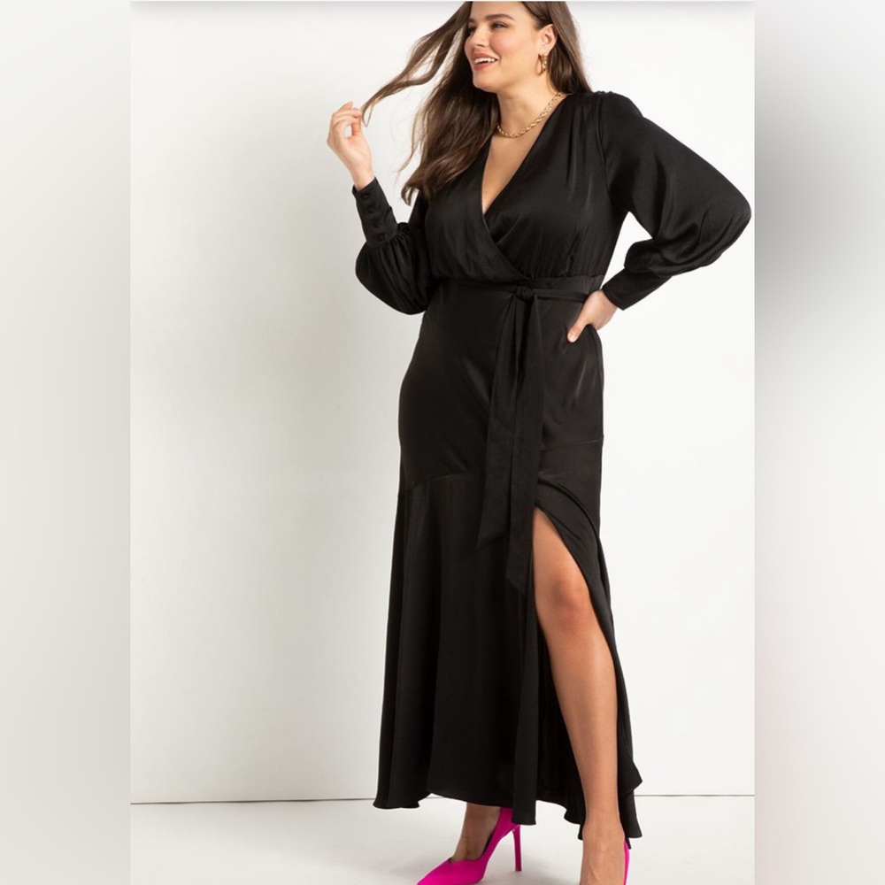 Eloquii Black Wrap Maxi Dress with Bishop Sleeves and Slit